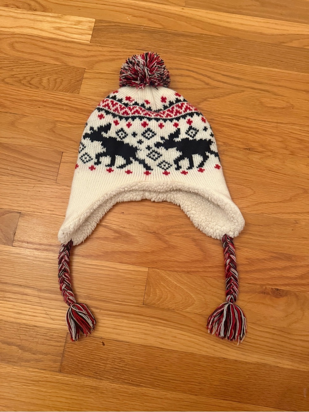 Kids Pom-Pom Earflap Winter Hat with Norwegian Moose Pattern